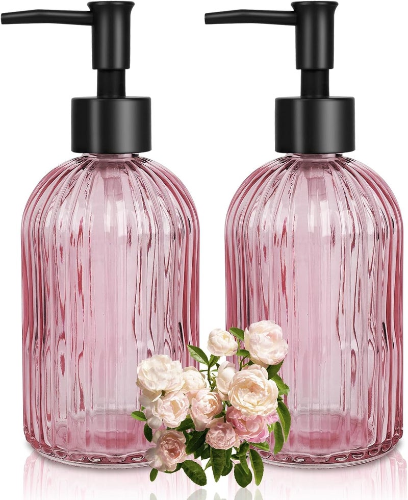 Ulable Glass Soap Dispenser with Plastic Pump, Hand Soap Dispenser for Hand Wash, Lotion Dispenser for Dishwashing Liquid, Lotion Shower Gel (Striped Pink) - Image 1